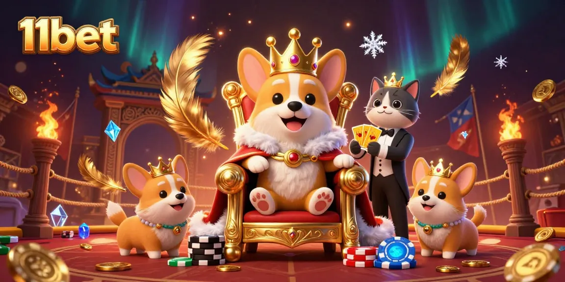 Experience 11bet with royal corgis and fun gaming action amidst golden decor.