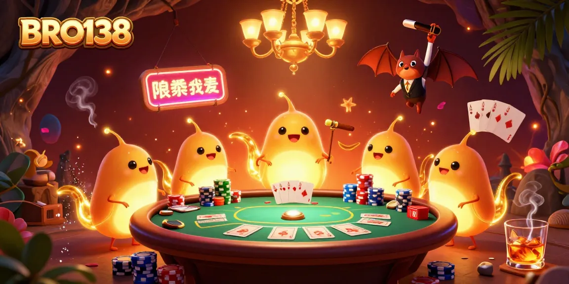 Experience vibrant gameplay action at BRO138 with glowing characters and poker elements in a cave casino.