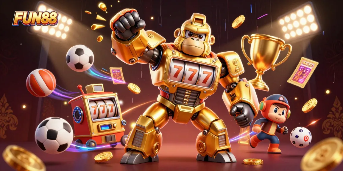Experience FUN88 with dynamic casino action featuring a golden gorilla mech and exciting elements.