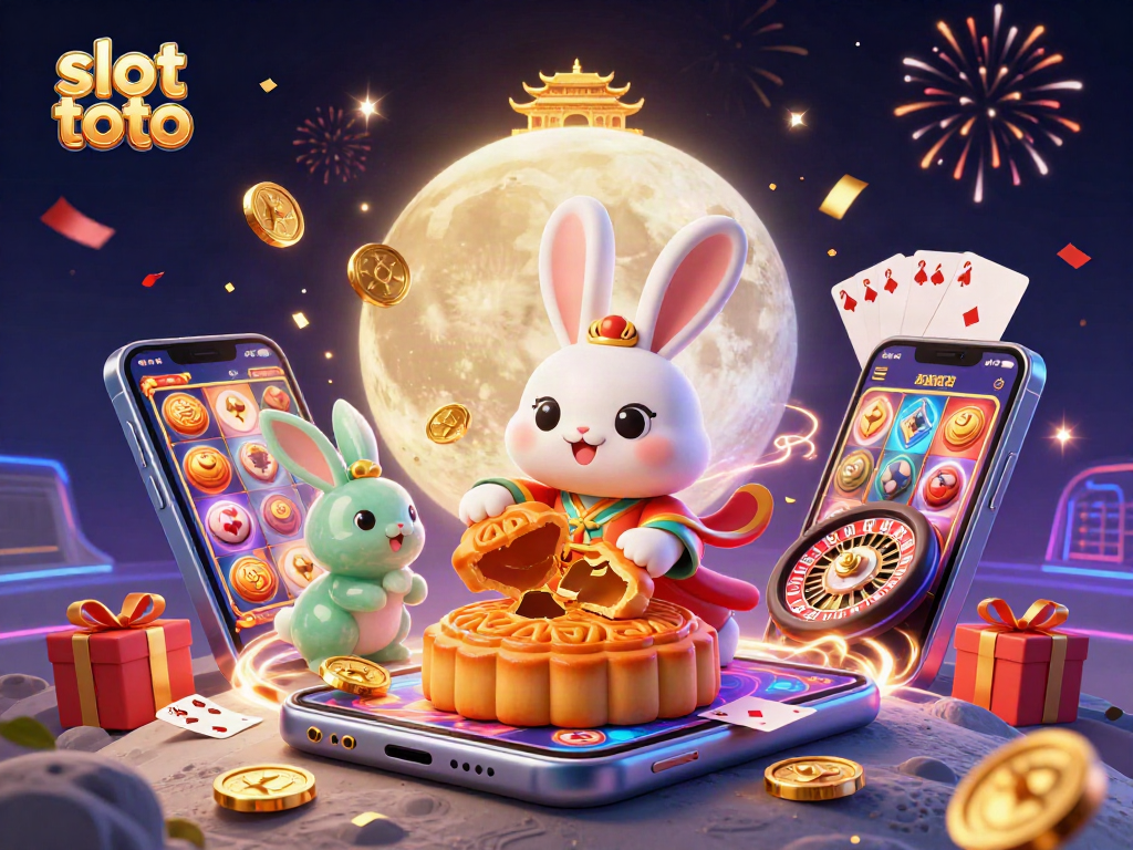 Engage with slot toto as a lively 3D scene unfolds, showcasing poker chips and a vibrant slot game.