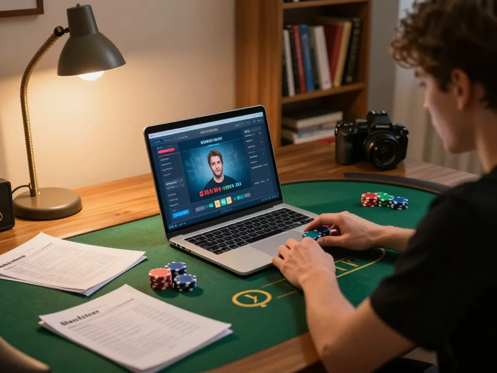 Player mastering strategies on sunwin through intense online poker gaming session in cozy home.