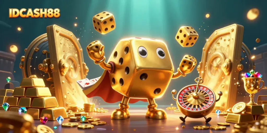 Experience excitement with IDCASH88's captivating casino games in a dazzling 3D illustration of vibrant characters.