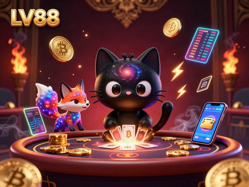 Immerse in LV88's thrilling casino world filled with gold chips, cosmic creatures, and digital crypto elements.