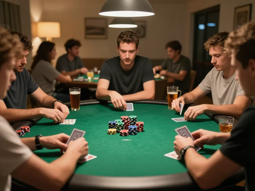 Prisonersofthecrown players enjoying an engaging home poker game with cards and chips stacked high.
