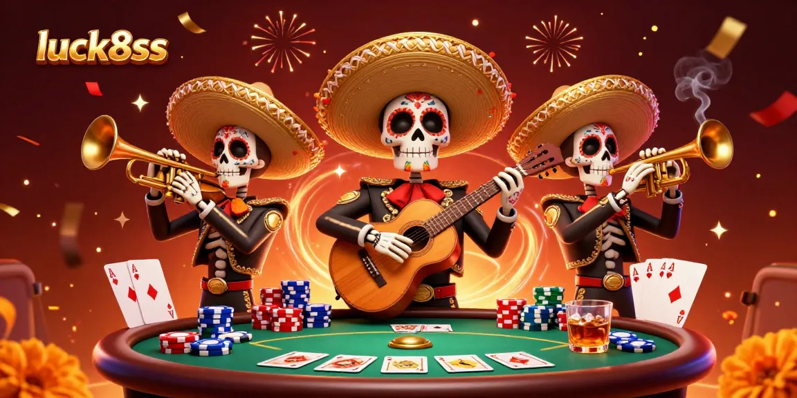 Play exciting poker with luck8ss at a vibrant casino scene featuring a lively mariachi band.