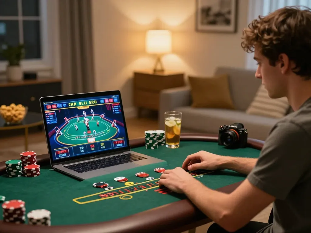 Person engaged in strategic online gaming with nhacaiuytinn at home table.