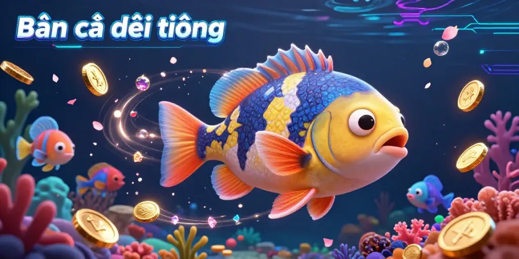 Capture the thrill of Bắn cá đổi thưởng with fish shooting in vibrant underwater scenes filled with treasures.