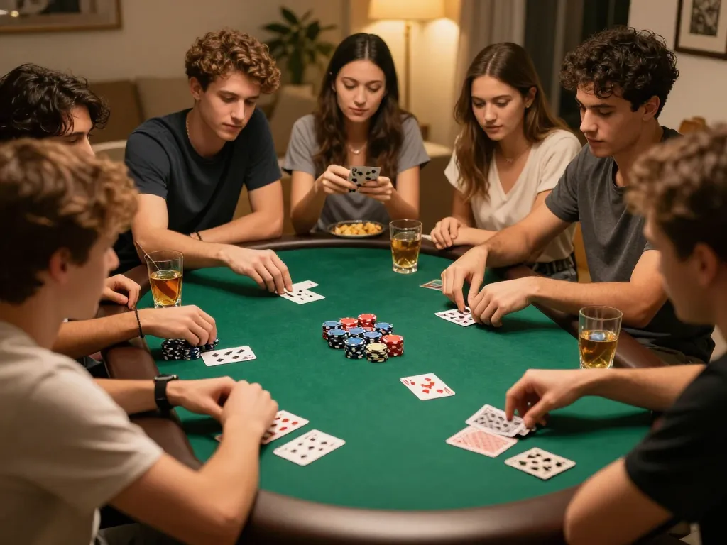 Friends enjoying poker at home, showcasing the exciting atmosphere of 68gamebaivn.