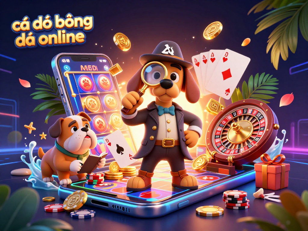 Cá độ bóng đá online features a detective examining a poker chip clue, surrounded by gaming elements and vibrant 3D visuals.