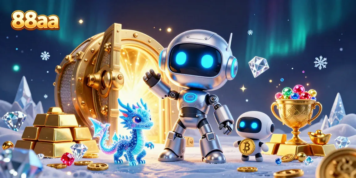 Engage with 88aa's vibrant gaming world featuring a futuristic robot mascot and treasure elements.