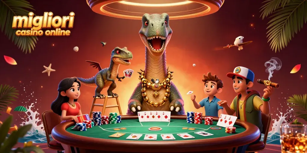 Scopri i migliori casino online mentre un brontosauro osserva un tavolo da poker con un raptor che distribuisce le carte.