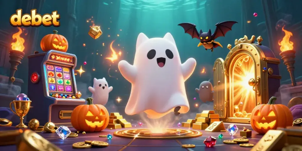Experience the thrill at Debet with a playful ghost cat and bat among rich casino treasures!