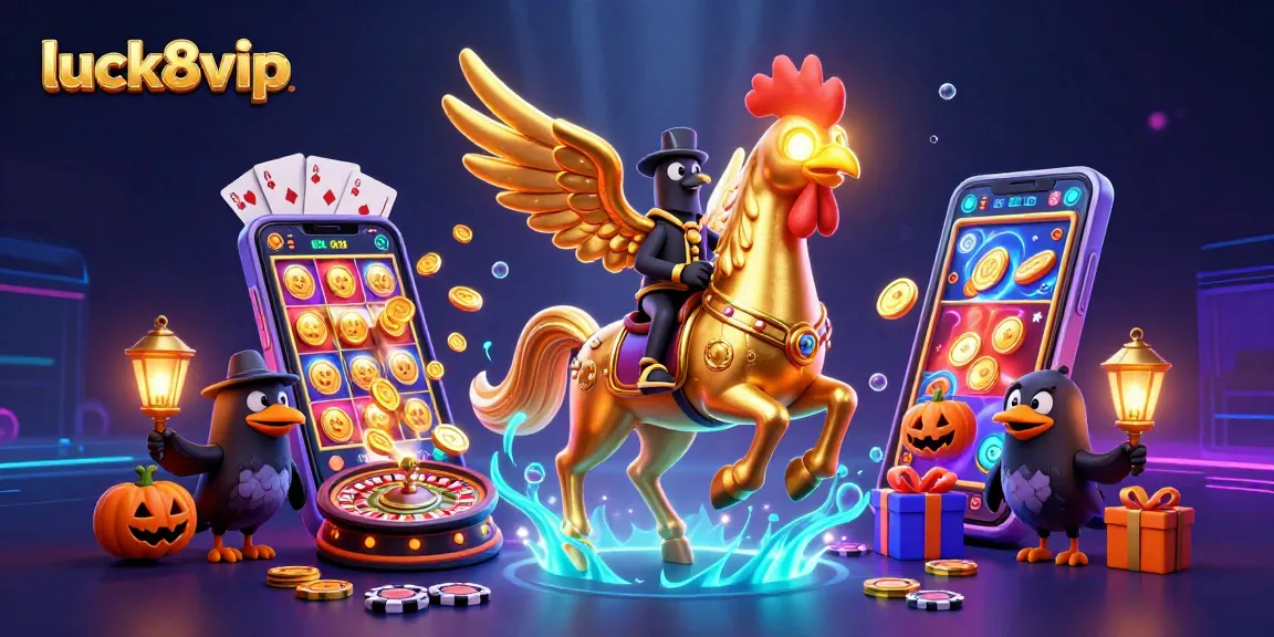 Engage in thrilling slots at luck8vip with a dynamic 3D casino scene featuring an adventurous golden rooster.