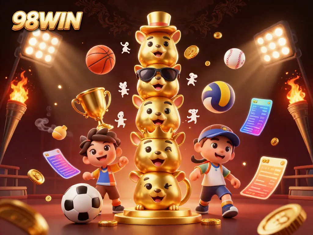 Experience 98WIN with vibrant sports elements and a delightful 3D totem illustration.