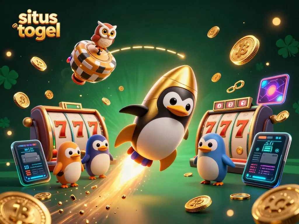 Experience situs togel with a golden penguin and winning symbols in a dynamic casino space.