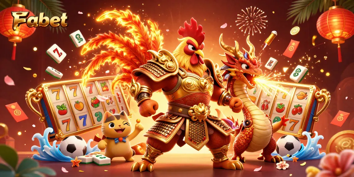 Bet with Fabet using a powerful rooster warrior, dragon, and vibrant gaming elements.