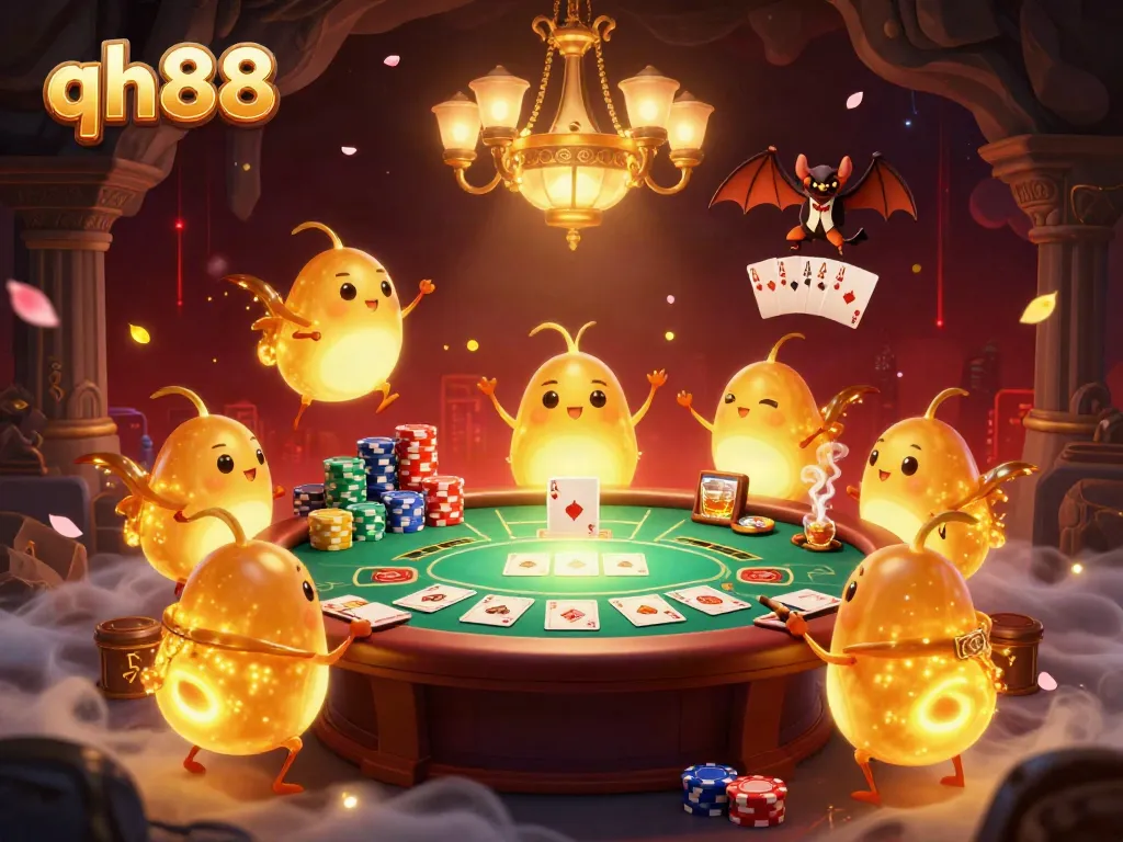 Engage in thrilling card action at qh88 with a vibrant cave casino illustrated by glowing creatures and intense poker play.