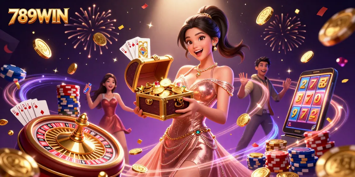 Experience the excitement of winning big at 789WIN with vibrant treasure chests and sparkling gems.
