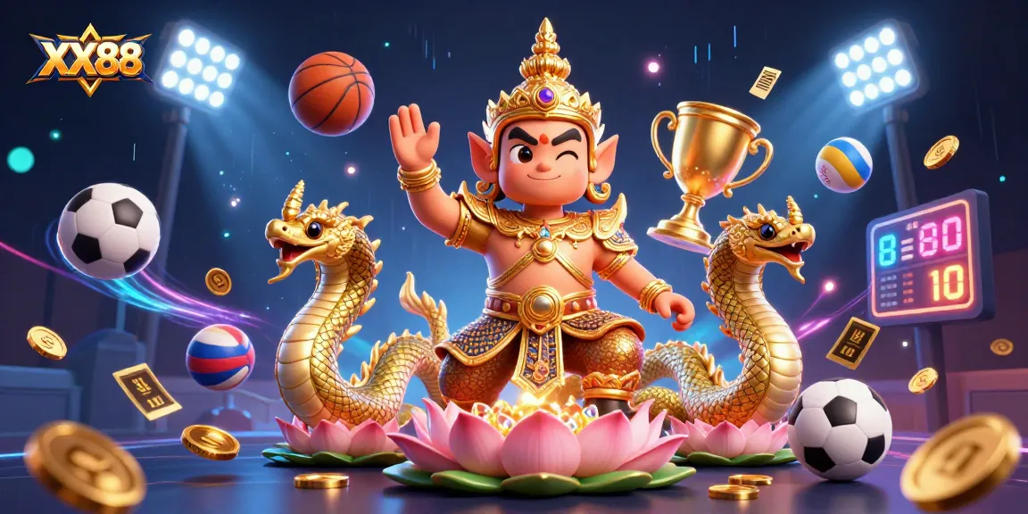 Engage with XX88's vibrant gaming world featuring a friendly Thai guardian and dynamic sports elements.