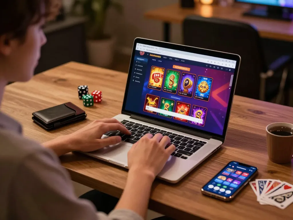 Engaging scene of a person using rokok88 login on a laptop for online gambling, cozy home environment.