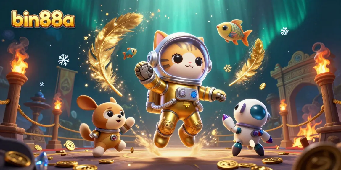 Win big with exciting gambling adventures at bin88a, showcasing a cartoon cat astronaut in a dazzling casino setting.