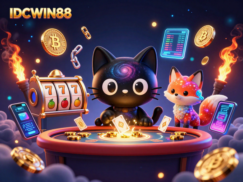 Play exciting slots and games at IDCWIN88 casino, featuring cosmic characters and vibrant crypto elements.