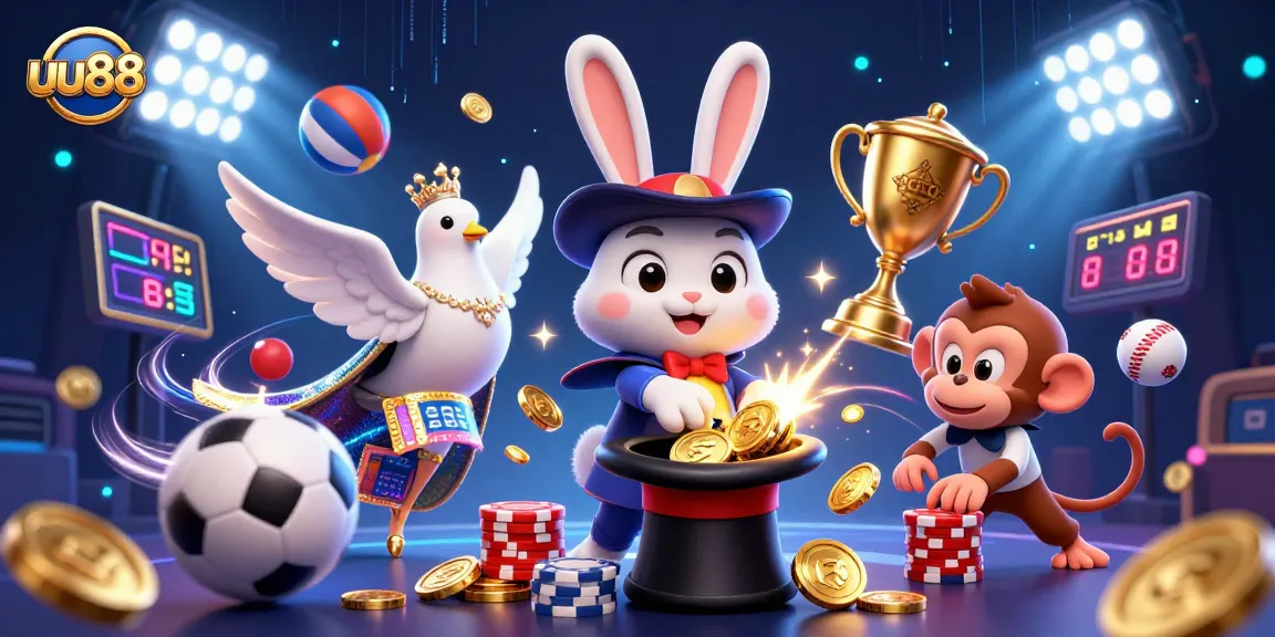 uu88 features a magician rabbit, glamorous dove, and monkey amidst vibrant casino elements.