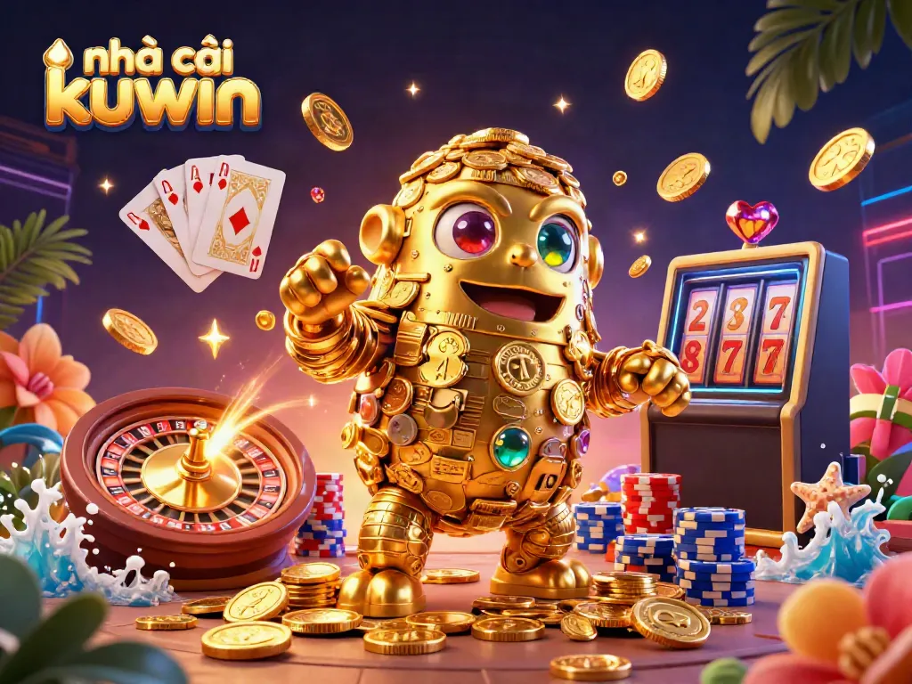 Experience the dynamic world of nhà cái kuwin with a vibrant 3D casino illustration showing gold golem and slot symbols.