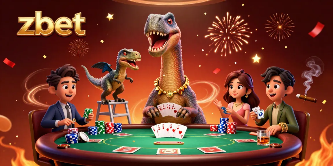 Zbet showcases a lively casino scene with a giant brontosaurus and a clever raptor dealing cards.