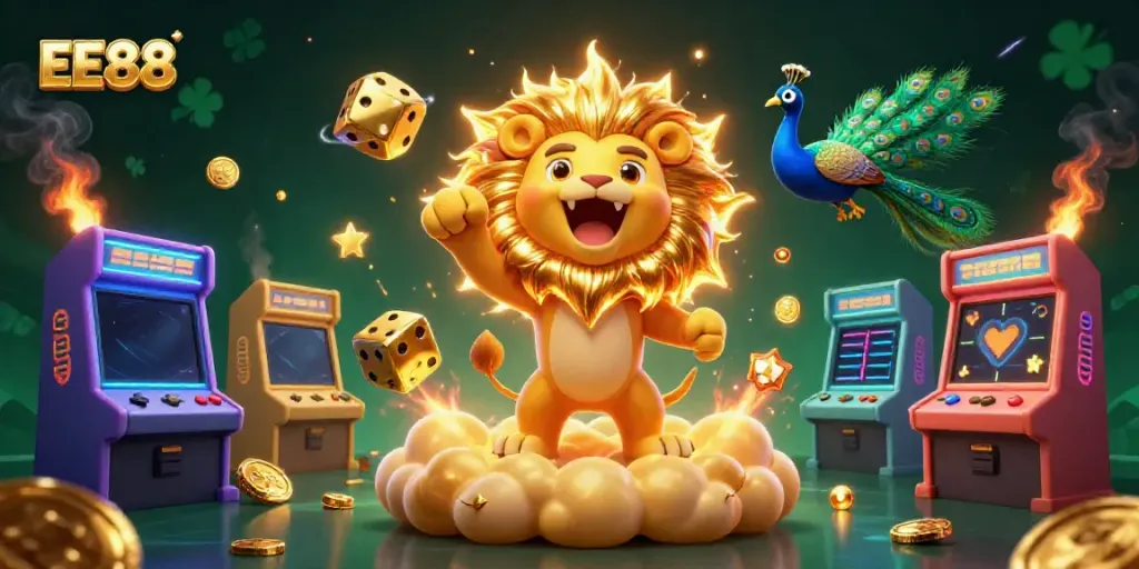 Experience the thrilling world of EE88 with a dynamic 3D casino scene featuring vibrant gaming elements.