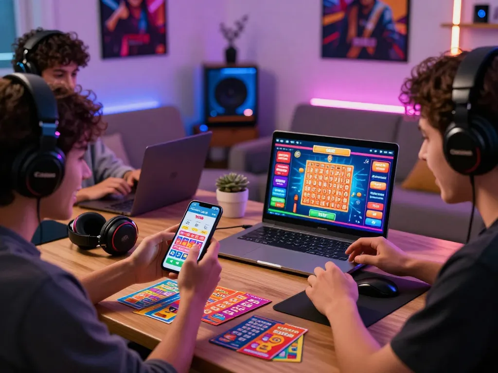 Excited players enjoying BetVisa lottery games on smartphones and laptops in a cozy gaming setup.