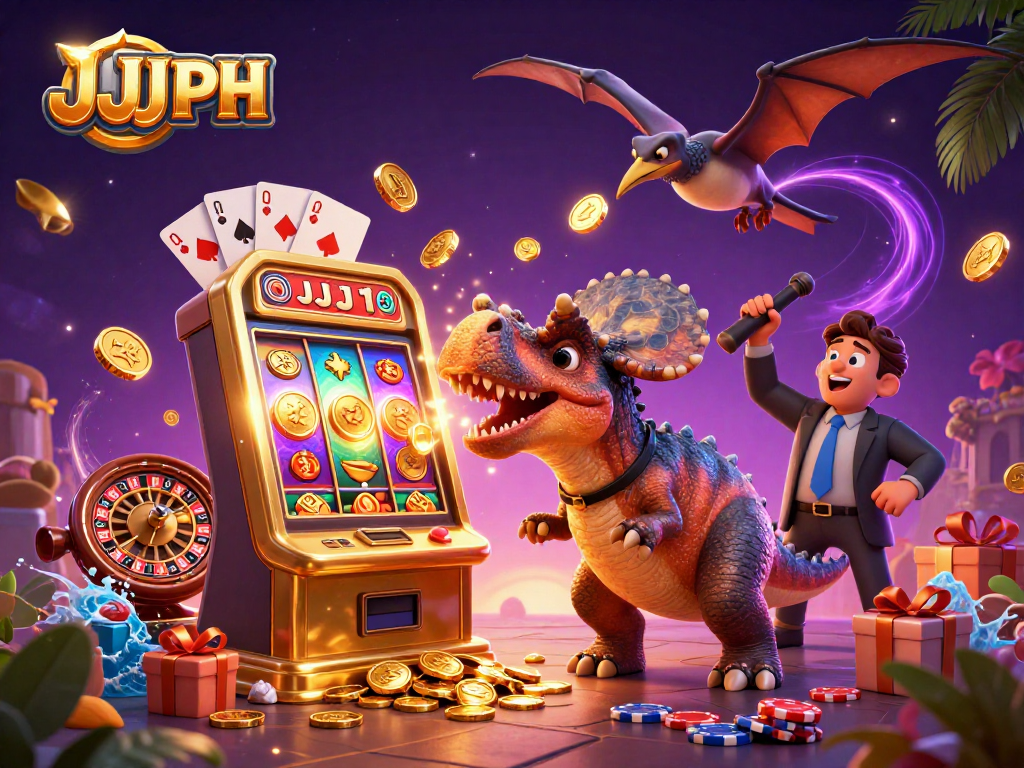 Engage with JJJPH in a vibrant casino scene, featuring a dinosaur jackpot moment.