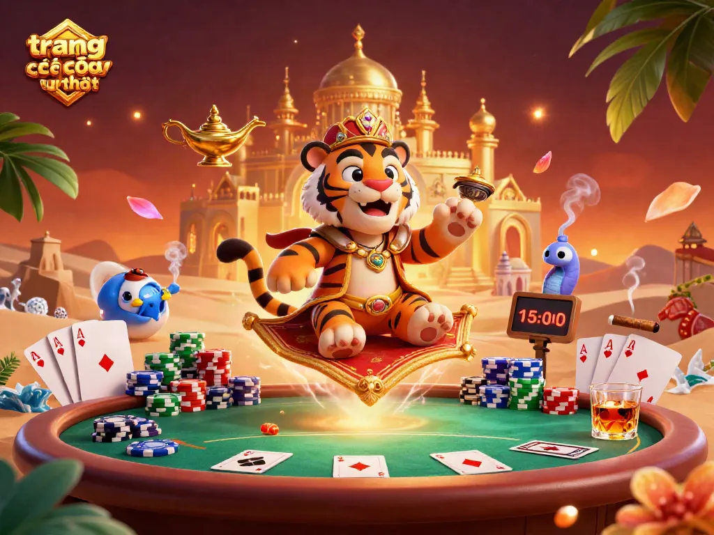 Khám phá trang cá cược uy tín với hình ảnh sultan và Genie trong không gian casino huyền ảo.