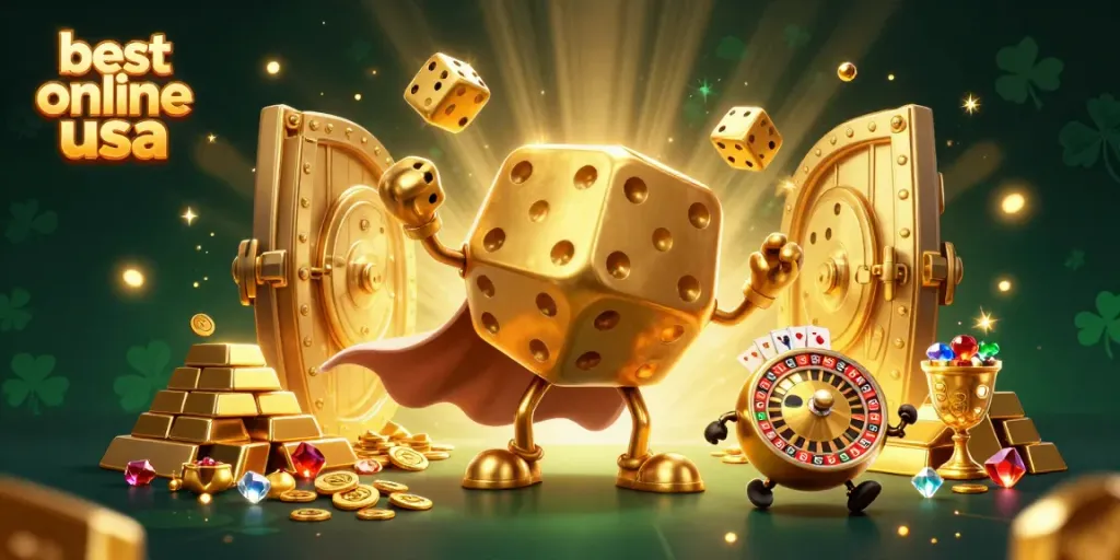 Experience the best online casino usa with golden dice and treasure in this vibrant illustration.
