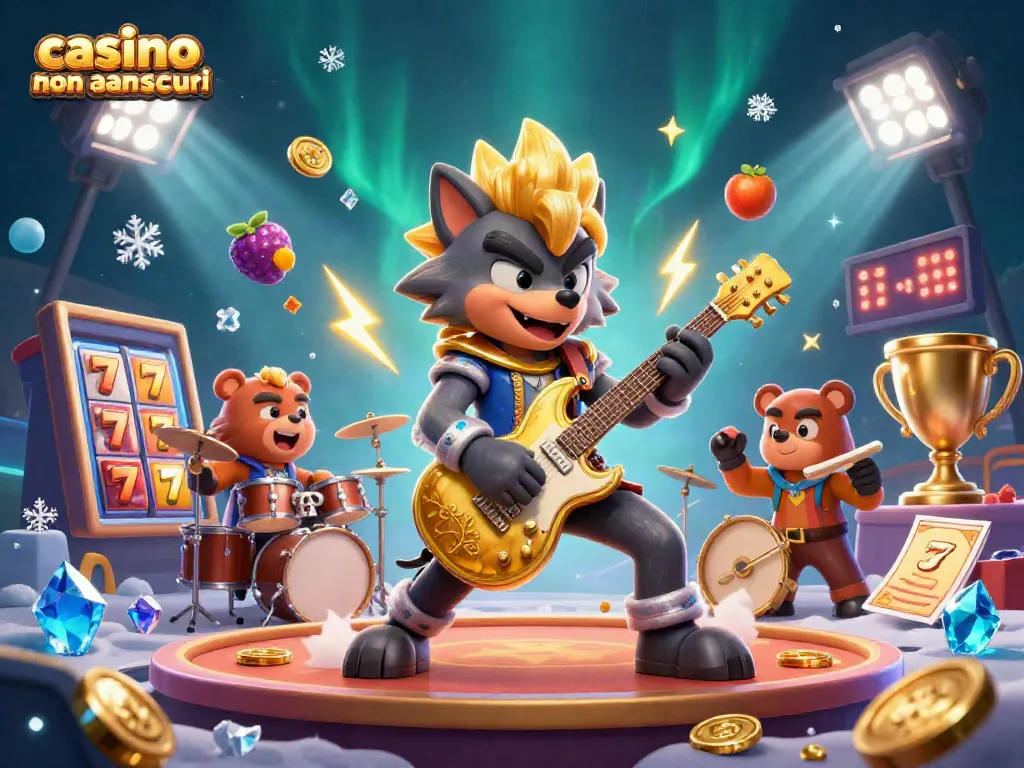 Scopri i migliori giochi nei casino non AAMS sicuri mentre il lupo rockstar suona e l'orso suona la batteria.