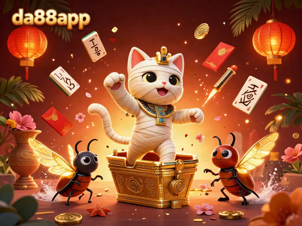 Experience exhilarating gaming with da88app's Egyptian mummy cat and golden treasures in a vibrant online casino.