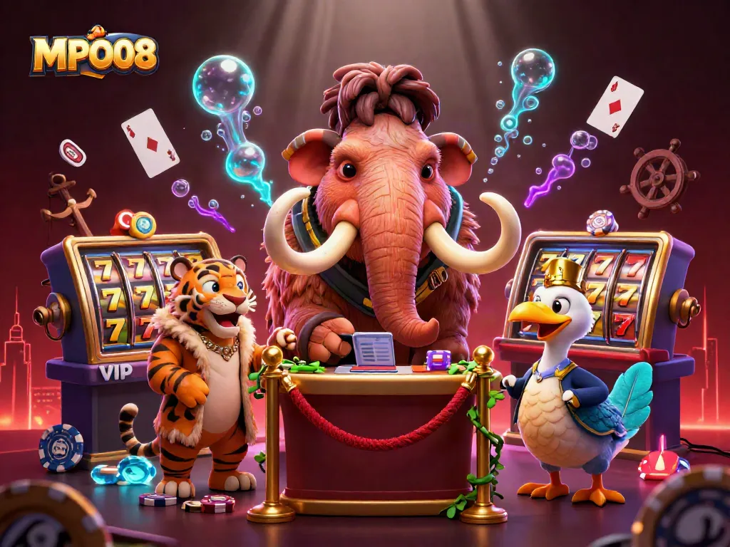 MPO08 engages players with a vibrant casino scene featuring a woolly mammoth bouncer and exciting game elements.