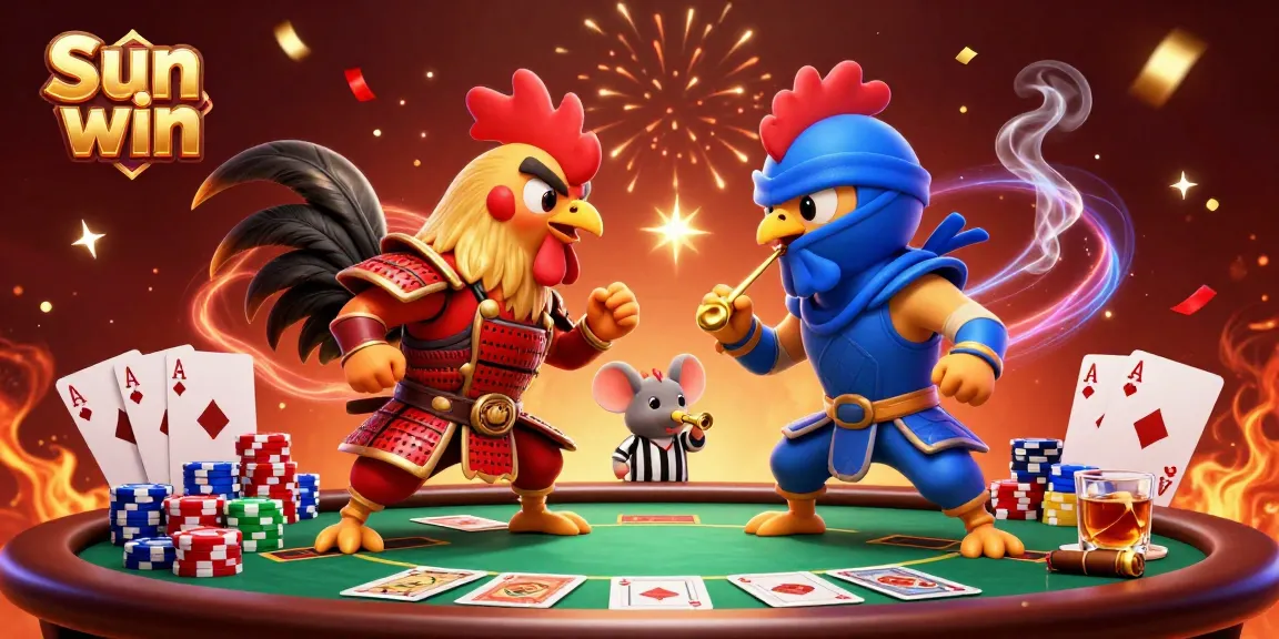 Engage in thrilling poker action with the Sun win roosters facing off amidst vibrant casino elements.
