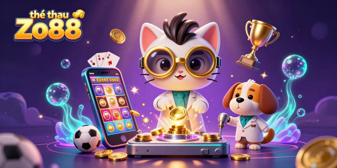 Engage with thể thao Zo88's vibrant gaming atmosphere, featuring a mad scientist cat and assistant dog amid magical sports betting elements.