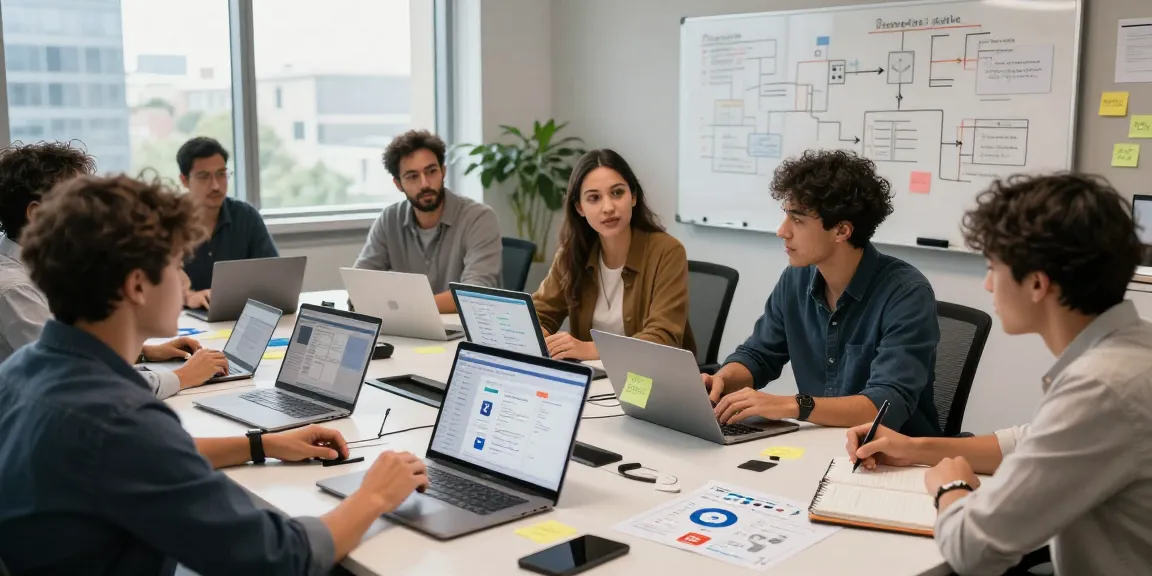 Collaborative team brainstorming on how to build internal tools with AI in a vibrant office setting.