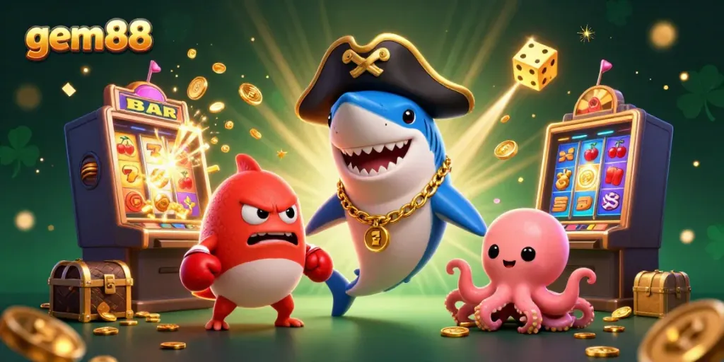 Experience the excitement of gem88 with a playful pirate shark, pufferfish, and octopus amidst a jackpot explosion.