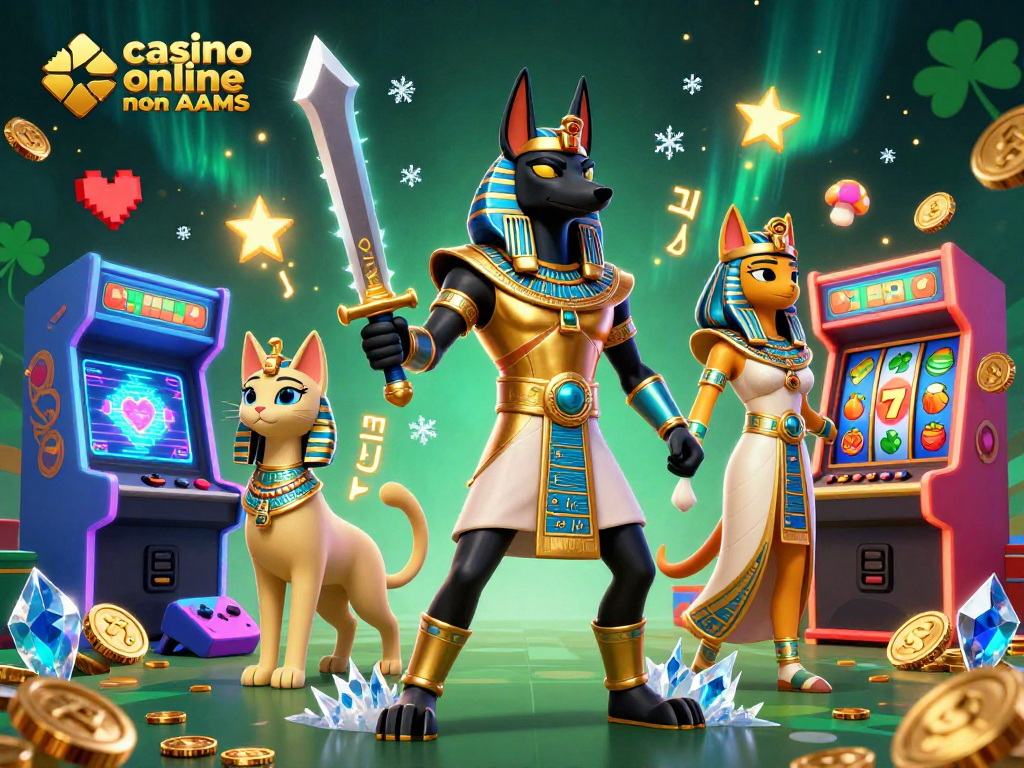Casinò online non AAMS: gioca con Anubis e Bastet in un'illustrazione dinamica e colorata.