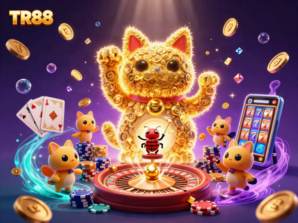 Join the TR88 lucky cat in a vibrant casino scene filled with golden coins and exciting game elements.