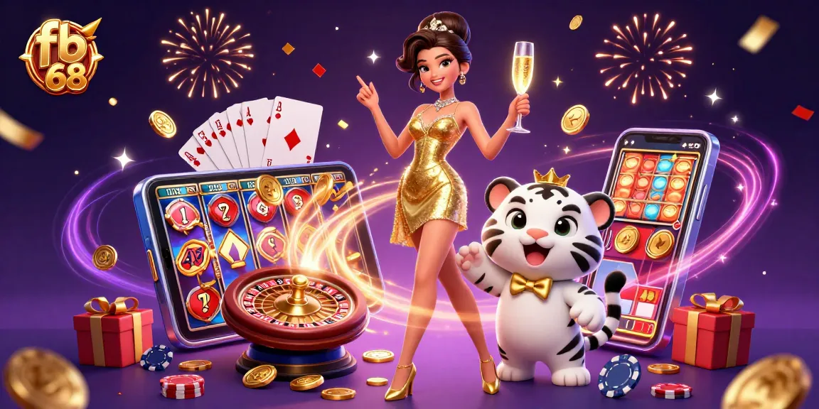 Play exciting games at fb 68 with a glamorous woman and a lucky tiger amidst confetti and casino elements.