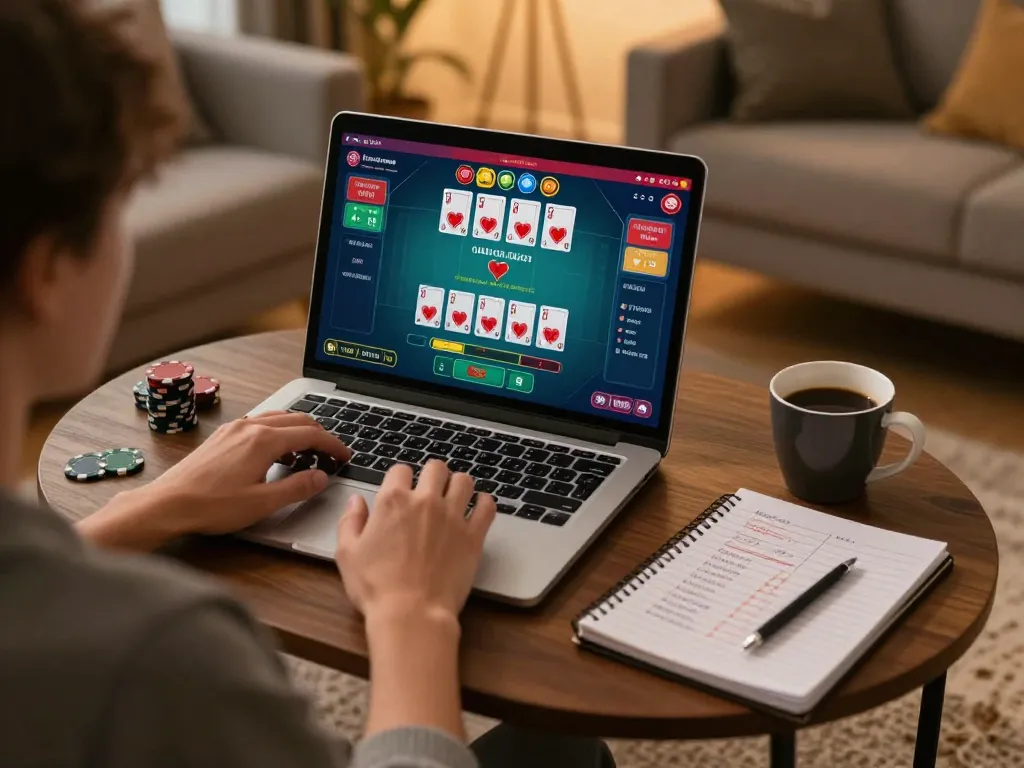 Player engaging in an online blackjack game at 789betcom in a cozy home setting, showcasing strategic bets.