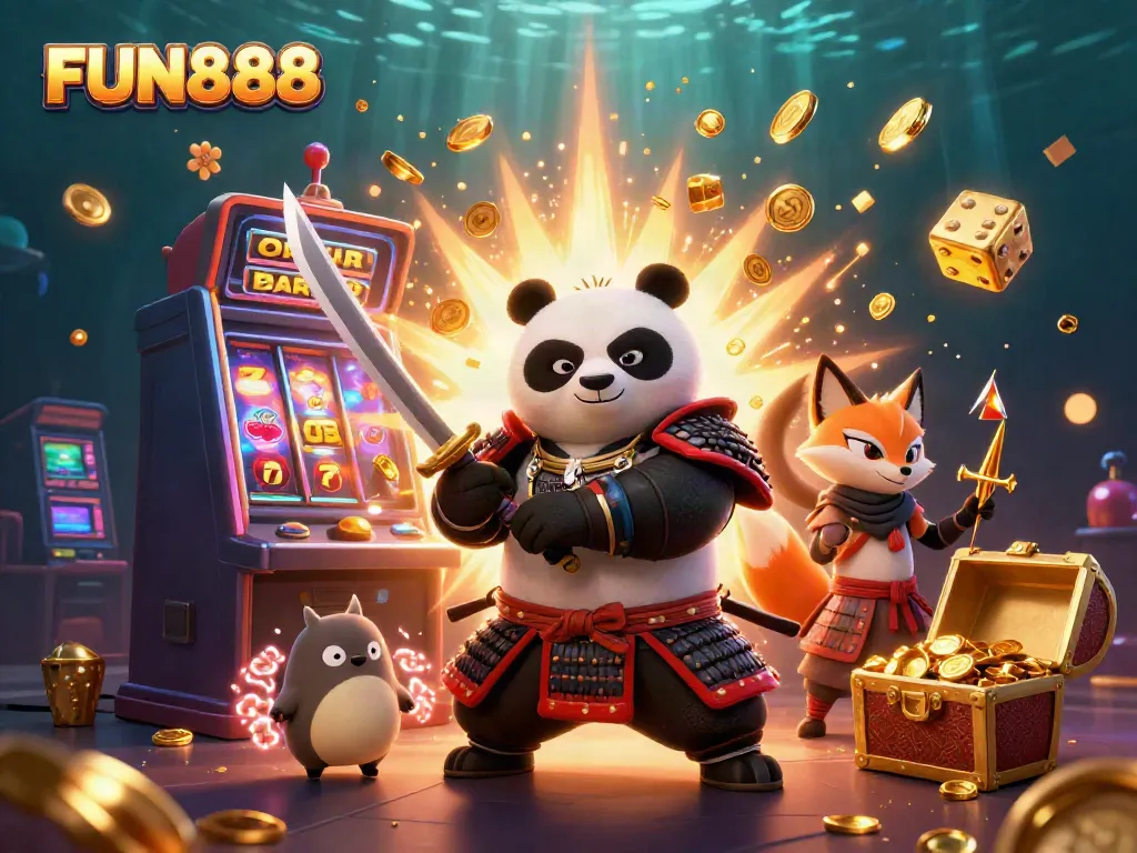 Experience FUN888 with a fierce samurai panda, a ninja fox, and a magical tanuki in a vibrant casino scene.