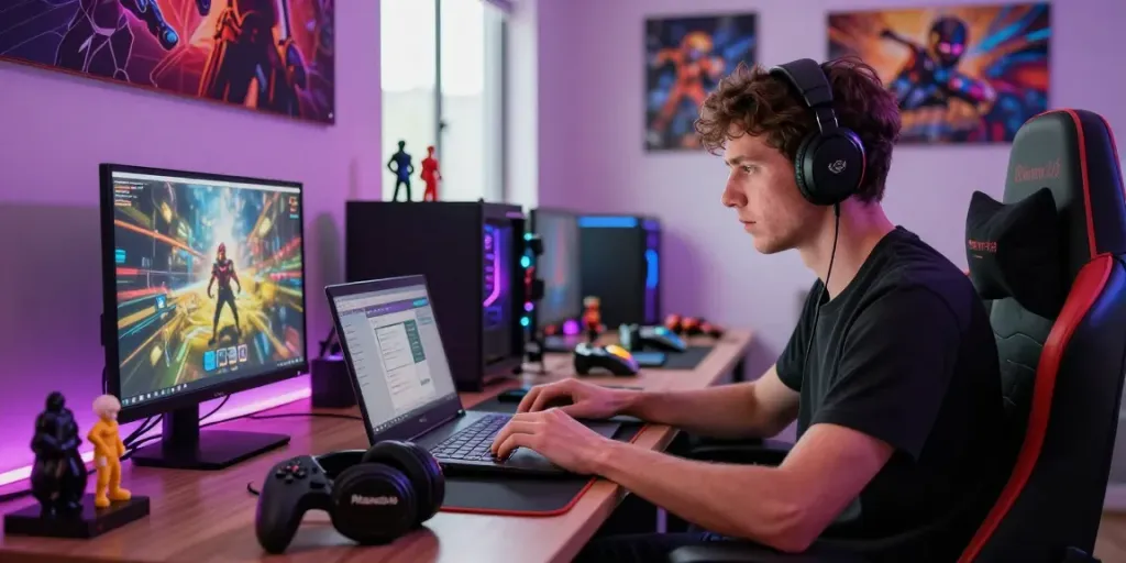 male gamer engaging with the Manclub platform on a sleek laptop in an exciting gaming setup
