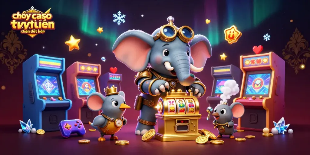 Chơi casino trực tuyến trên điện thoại cùng các biểu tượng và máy chơi game đầy màu sắc.