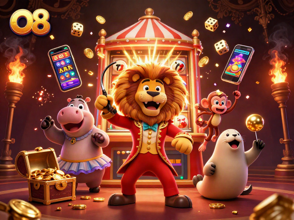 O8 features a vibrant 3D casino scene with lively characters and jackpot excitement.