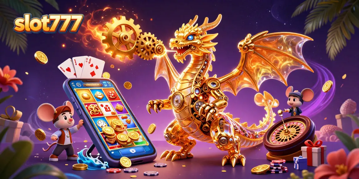 Spin vivid slot777 reels as a captivating golden dragon showcases clockwork magic in this detailed 3D illustration.